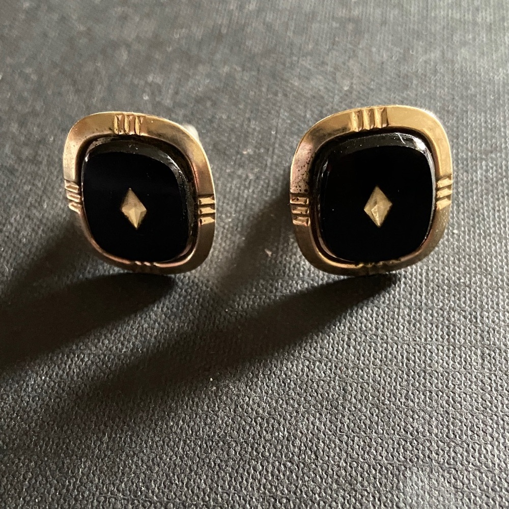 Vintage MCM 1950s 50s Gold Tone Black Onyx Look Cufflinks Diamond look marked W
